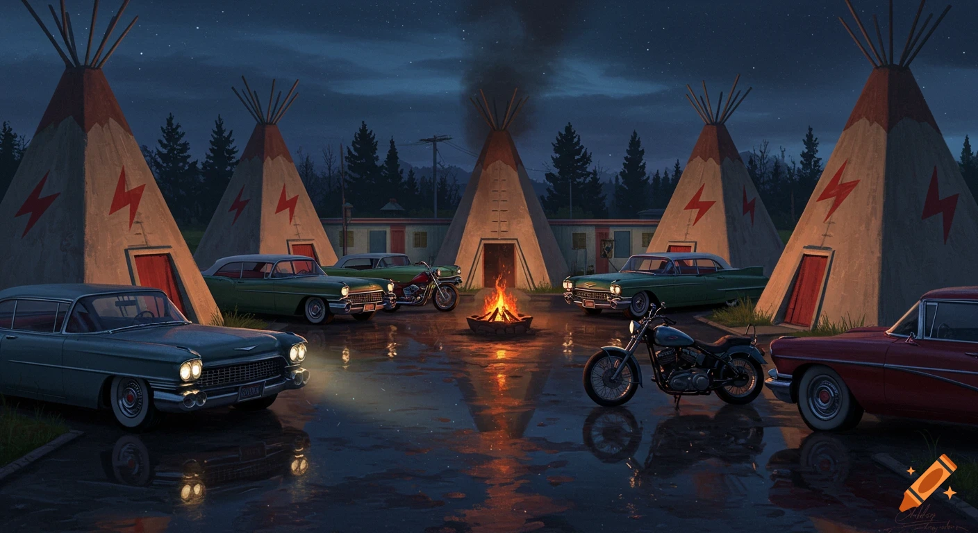 Vintage cars and motorcycles parked around teepee-shaped motel rooms and a campfire on wet pavement at night.