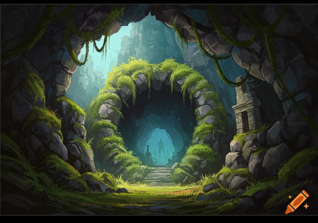 Painterly illustration of a fantasy cave entrance with vines, mossy rocks, steps, and ruins.