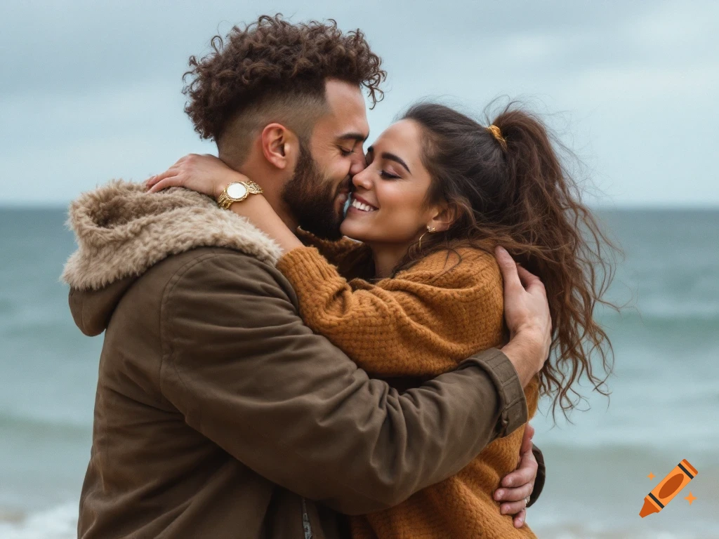 A couple embraces and kisses by the ocean.