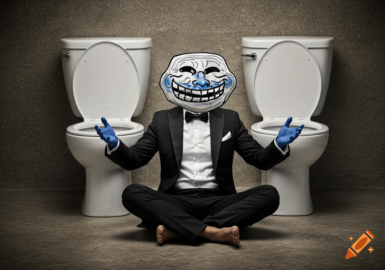Person with troll face and tuxedo sitting between two toilets with arms outstretched