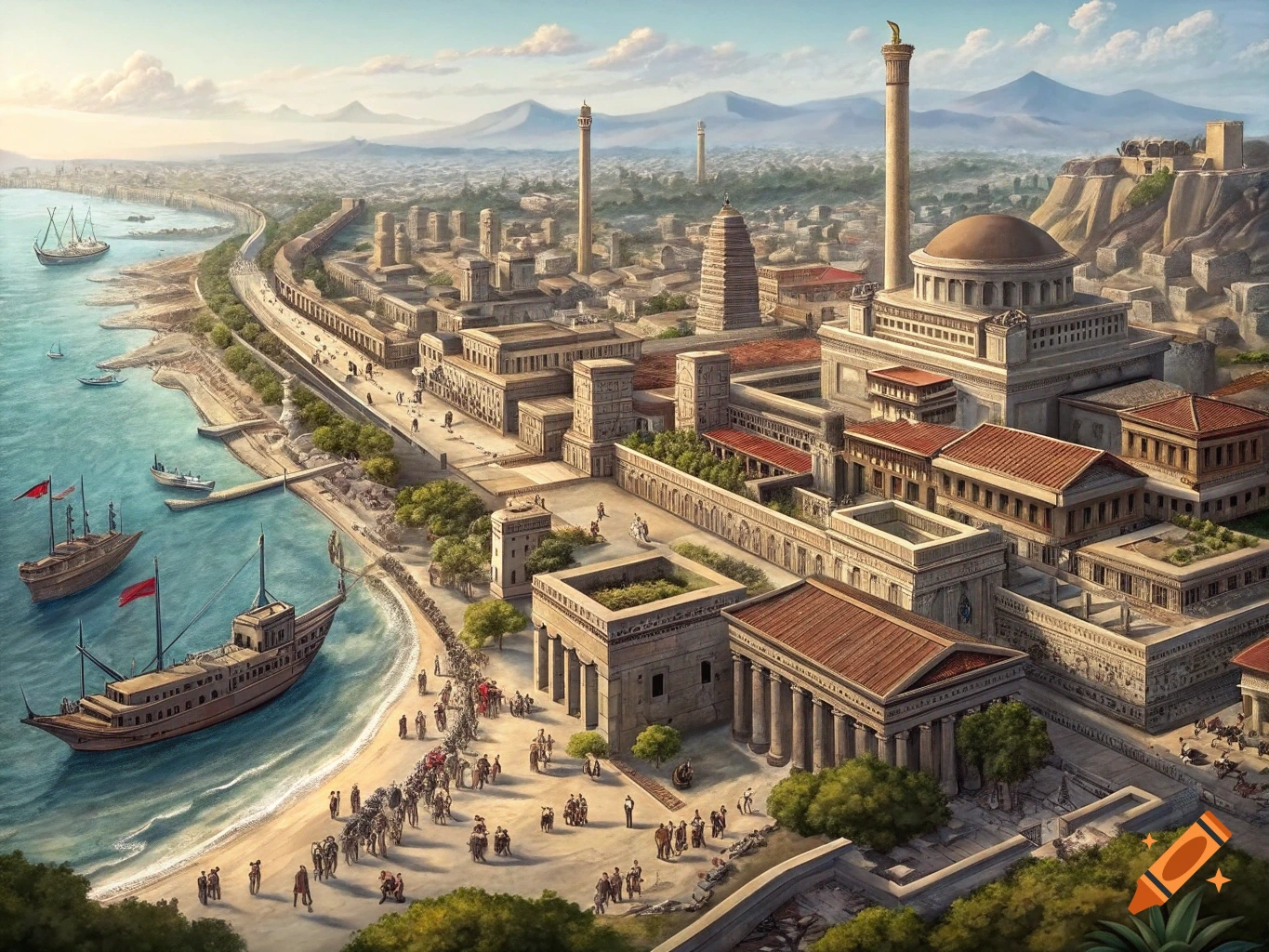 Aerial view of an ancient port city with large ships, buildings, and people along a curved coastline.