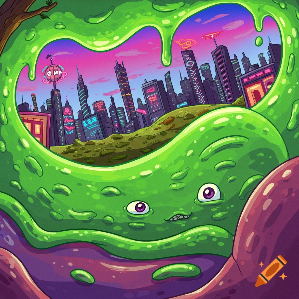 A cartoon green slime creature looks through a heart-shaped opening at a neon cityscape.