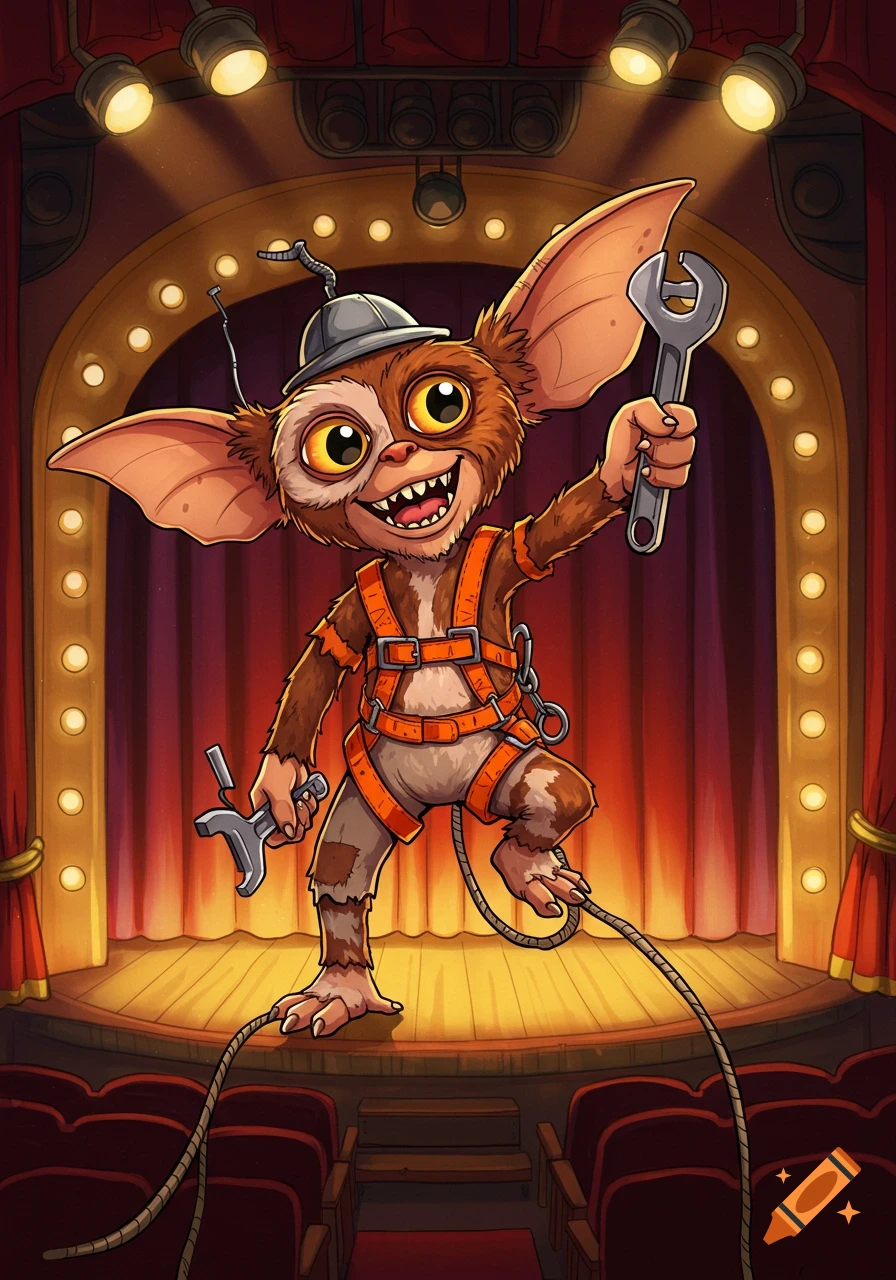 Cartoon gremlin wearing a safety harness, holding wrenches on a theatre stage.