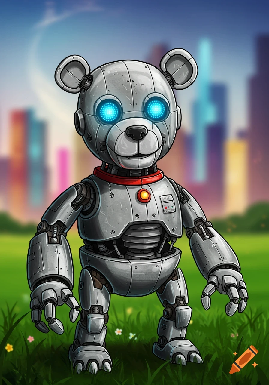 Cartoon illustration of a robot bear standing in a grassy field with a city skyline behind it.