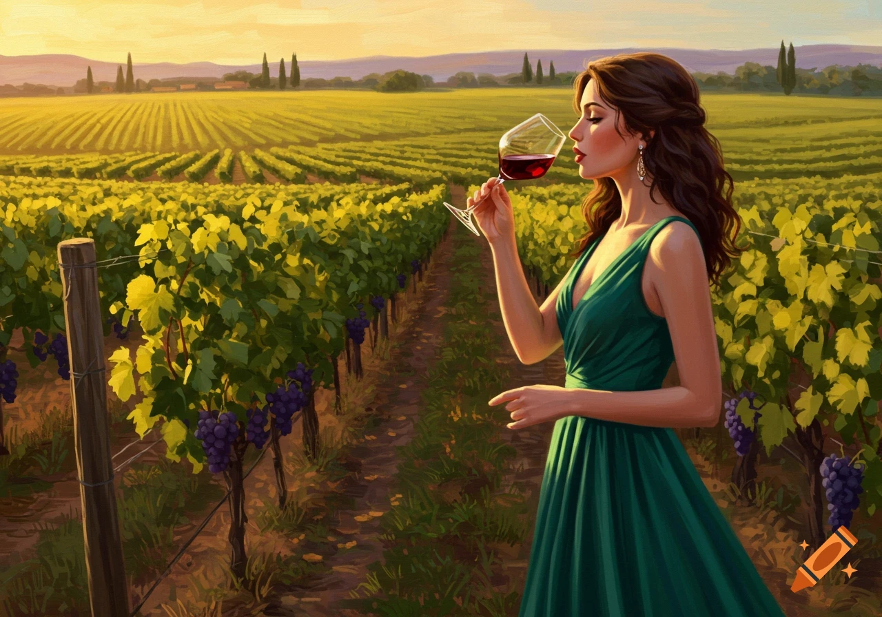 Woman in green dress sips wine in a vineyard at sunset.