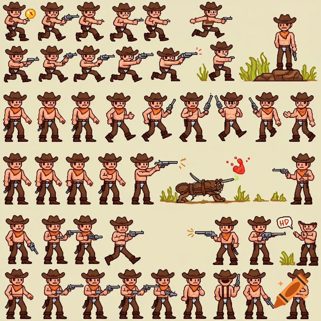 8-bit pixel art spritesheet of a cowboy character and monster.