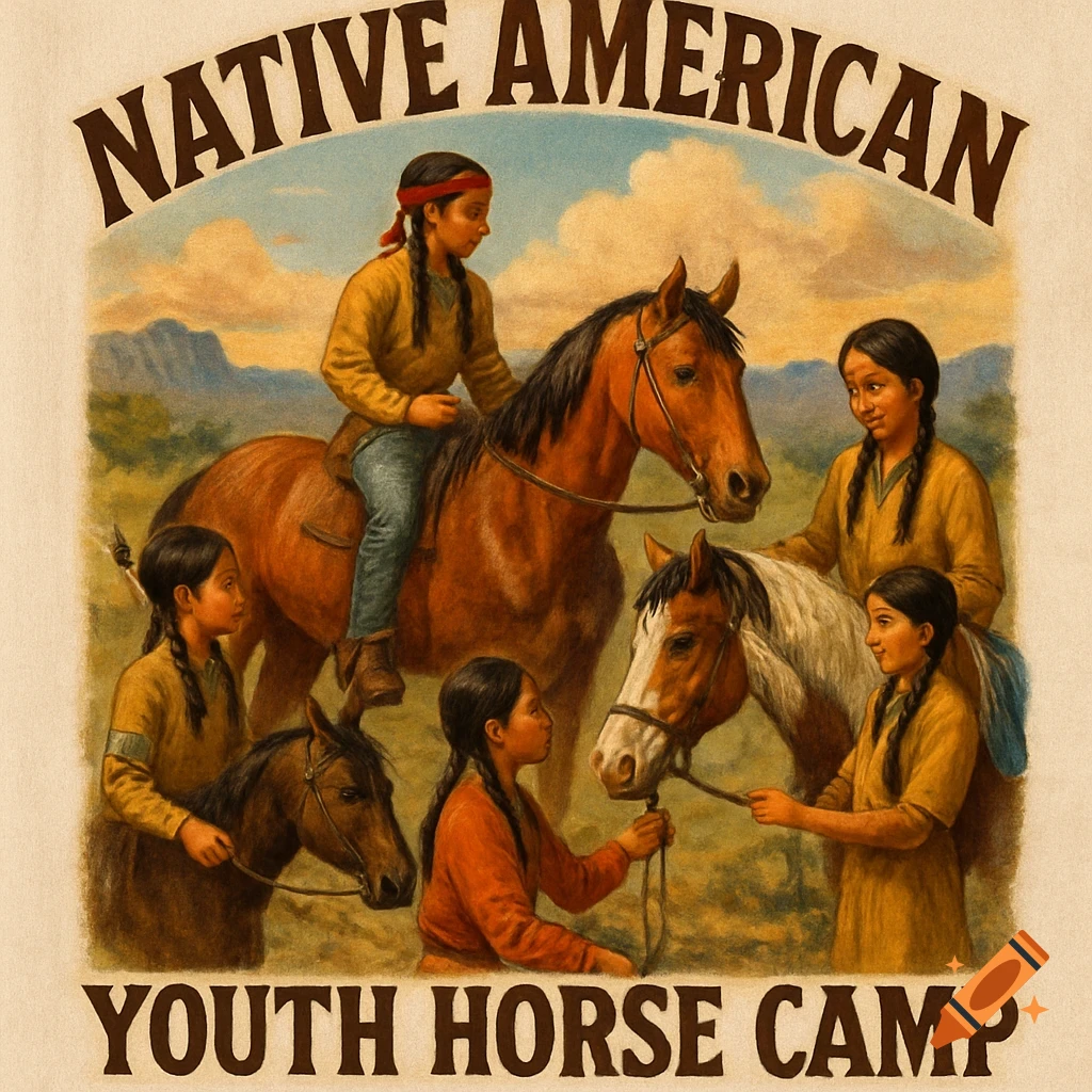 Illustration of Native American youth with horses under text "NATIVE AMERICAN YOUTH HORSE CAMP".