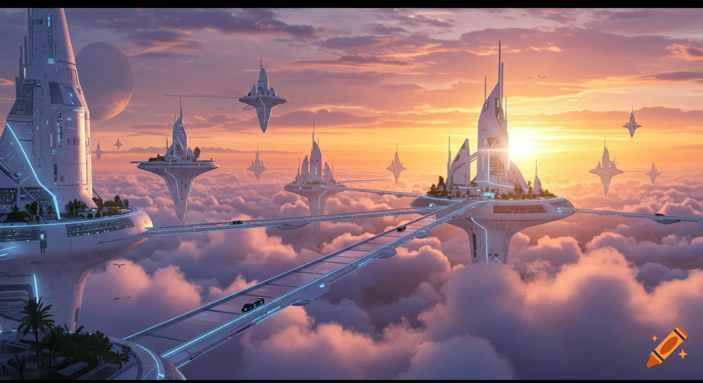 Futuristic city with large buildings and elevated roads floating above clouds during sunset