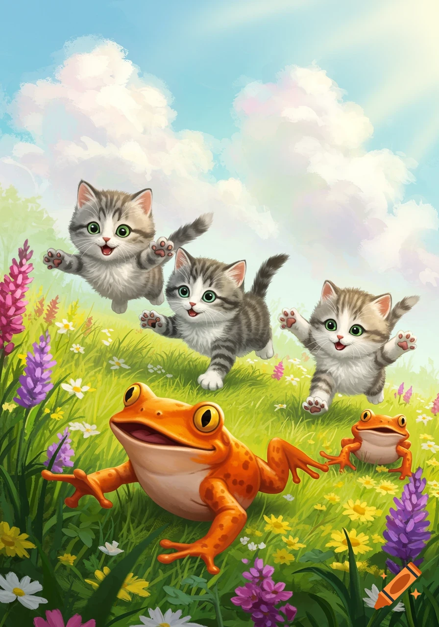 Three cute kittens leap through a sunny, flowery meadow chasing an orange frog in an illustration.