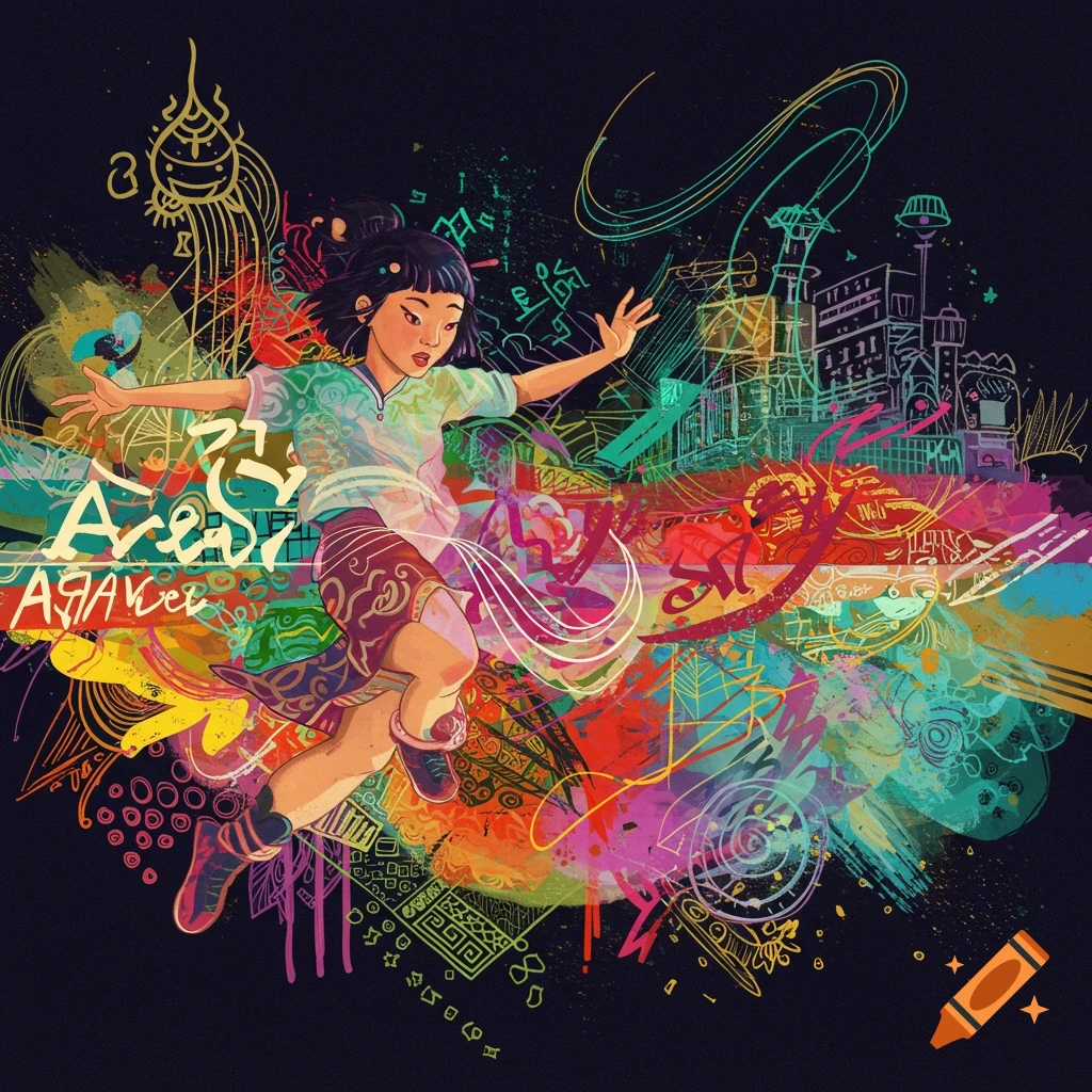 A stylized illustration of a person leaping amidst vibrant abstract shapes, lines, and cultural motifs.