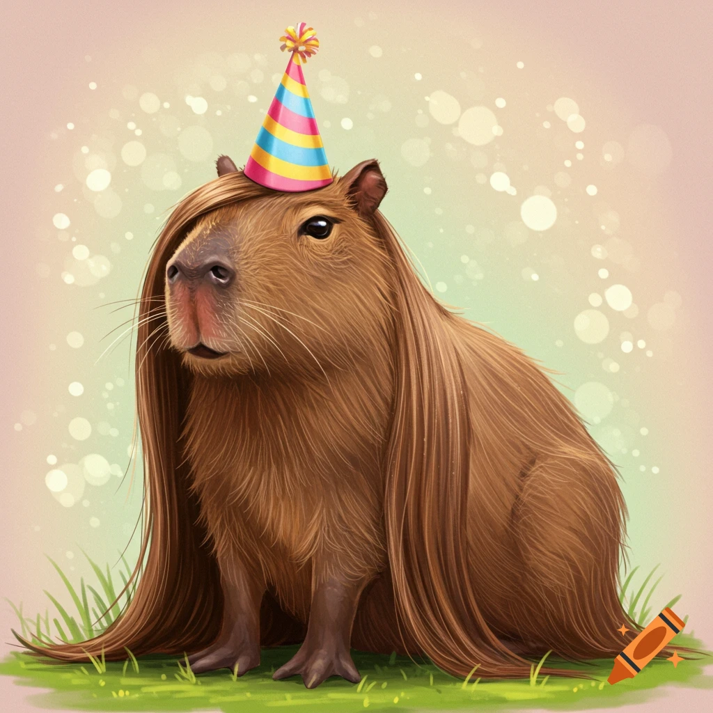 A digital illustration of a capybara with long hair wearing a party hat.