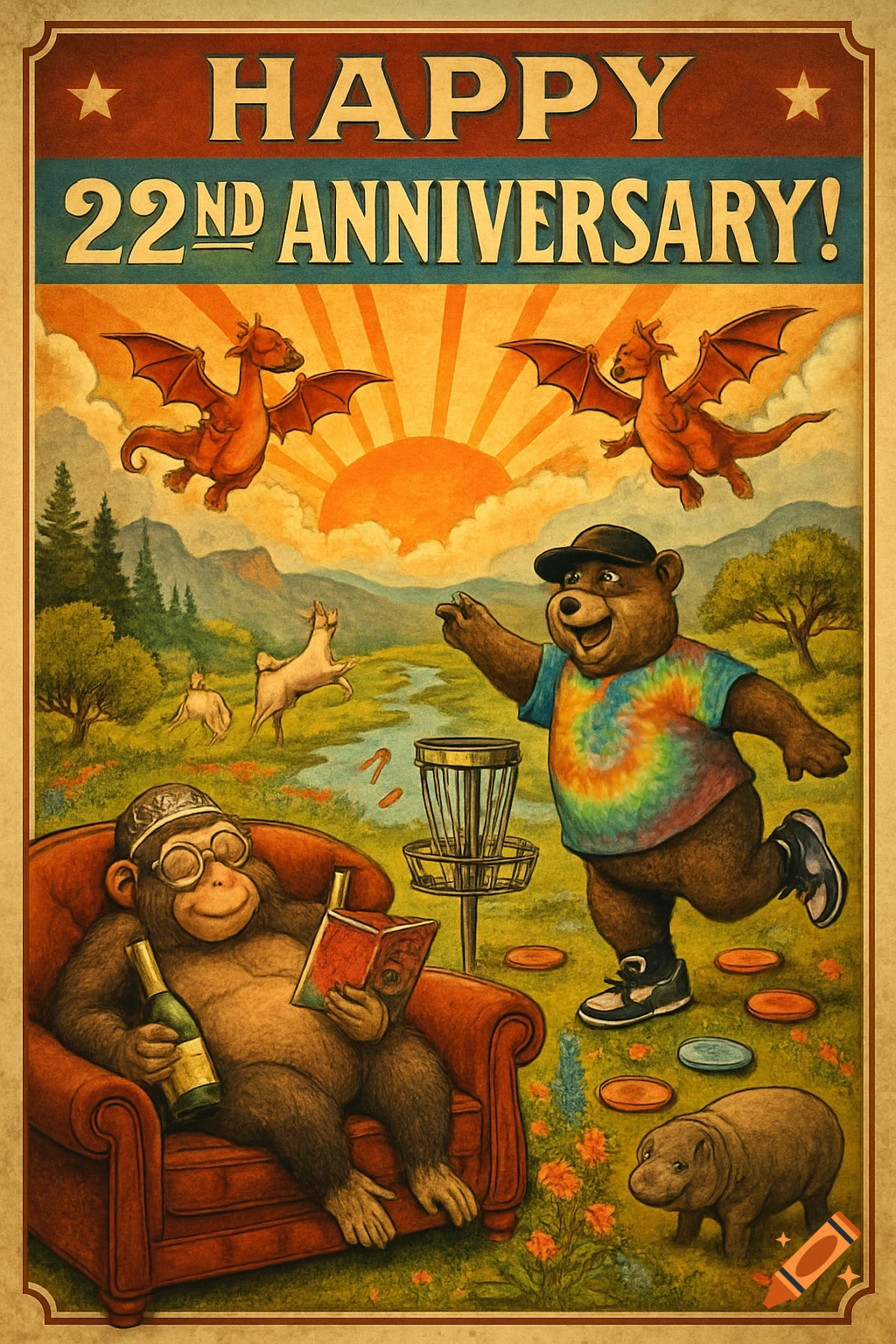 Vintage poster with text "Happy 22nd Anniversary", featuring a bear playing disc golf, a monkey reading, dragons, and other animals.