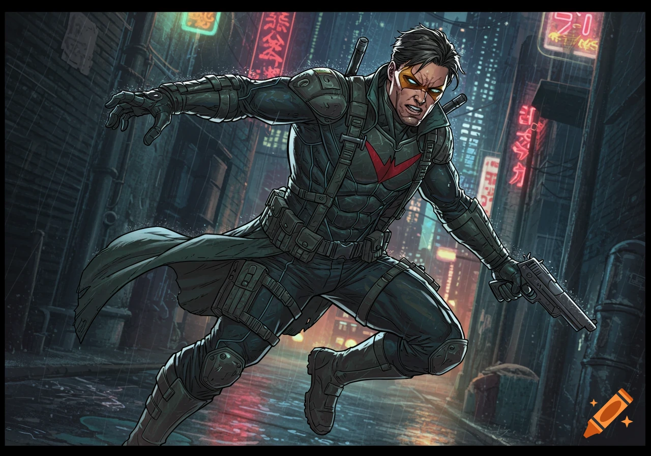 A vigilante character in a dark tactical suit with a red symbol and eye mask runs through a rainy cyberpunk city.
