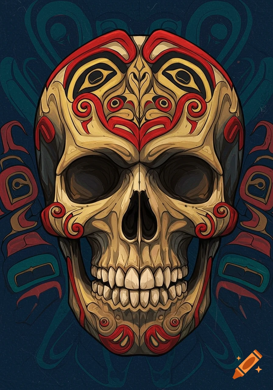 Skull decorated in Native American totem pole art style