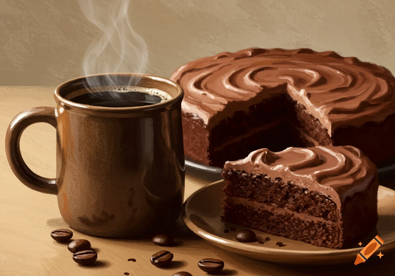 Painterly image of chocolate cake slice, whole cake, and steaming coffee with coffee beans