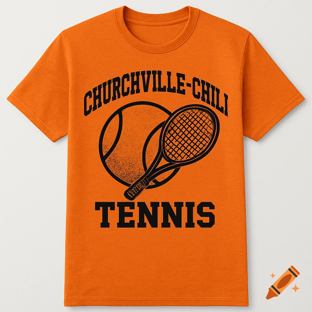 Orange t-shirt with a black tennis ball and racket design featuring the text 'CHURCHVILLE-CHILI TENNIS'