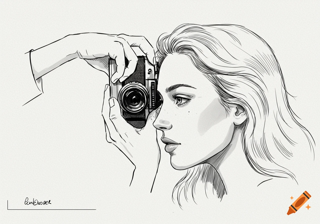 Black and white line drawing of a woman's face in side profile being photographed by hands holding a camera.