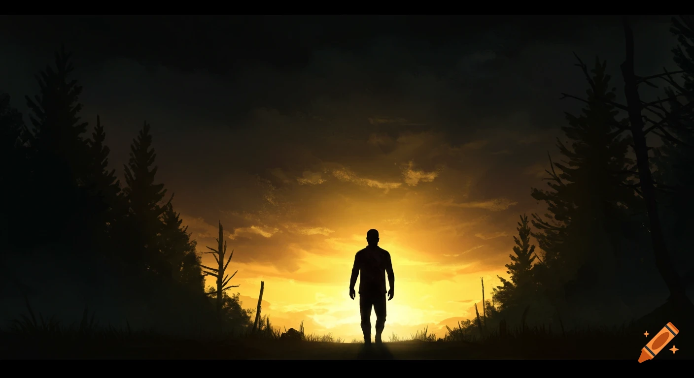 Silhouette of a person walking toward a bright sunrise framed by dark trees.