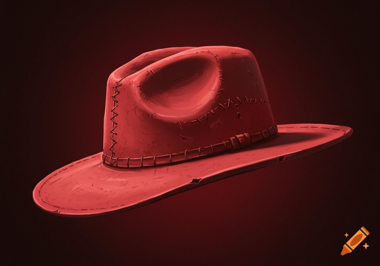 A stylized red hat with visible stitching sits on a dark background.
