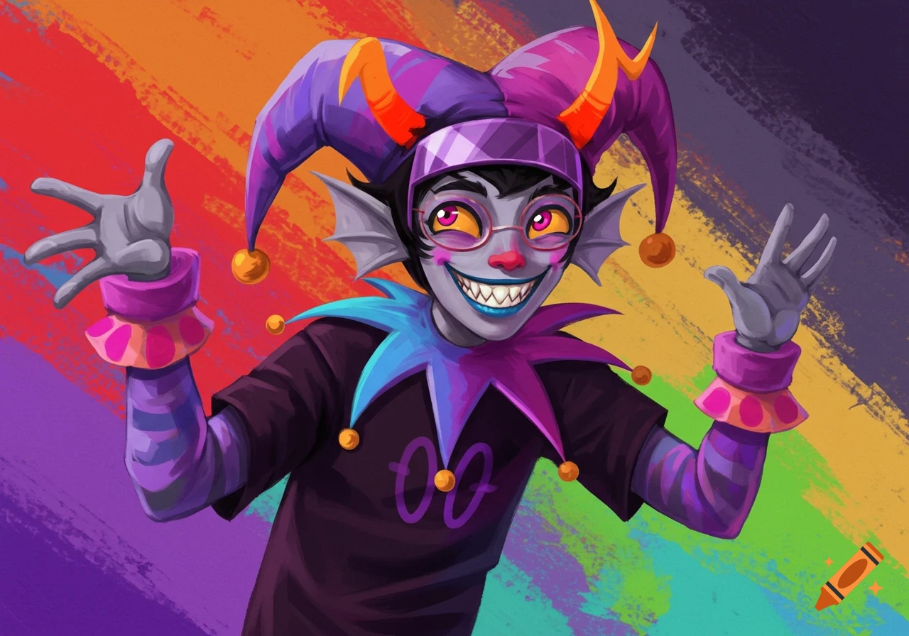 Cartoon character in jester outfit smiling against a colorful brushstroke background.
