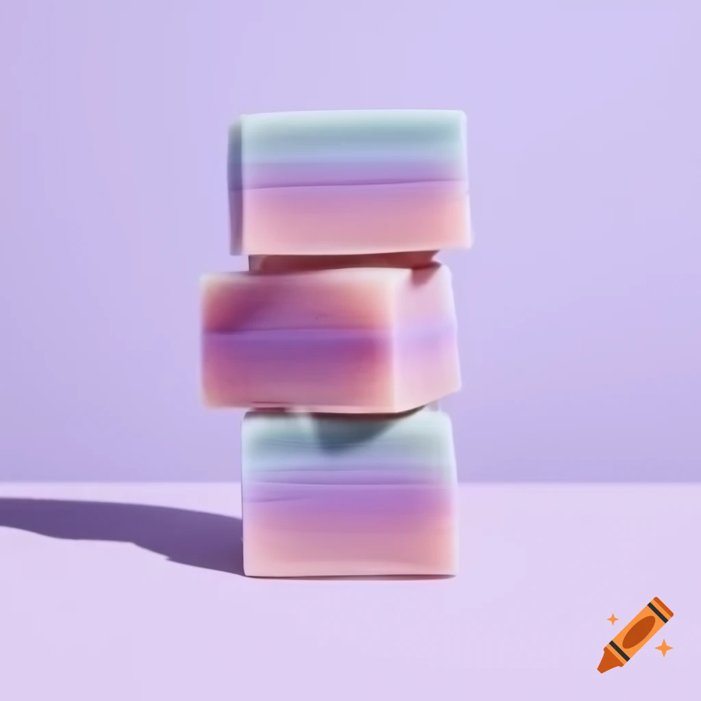 Pastel blue, light pink, and lavender soap bars on plain background