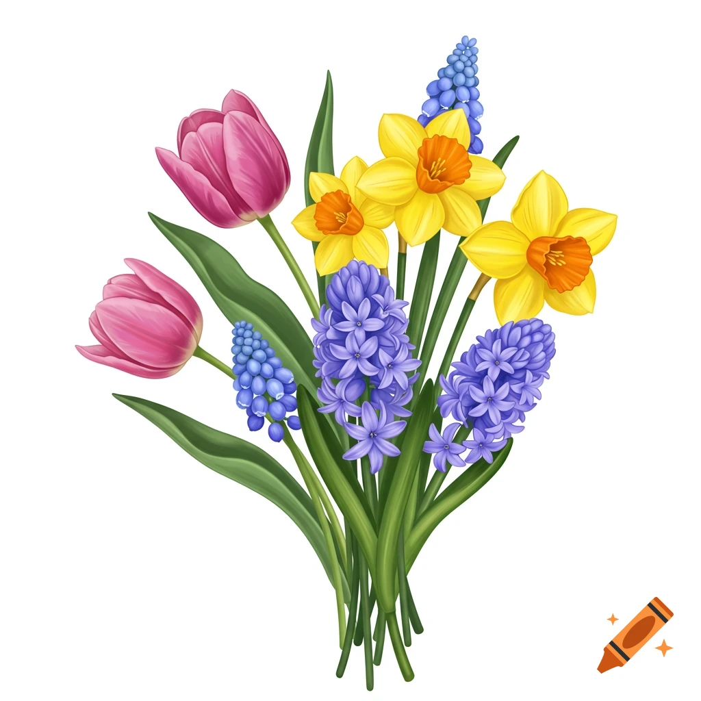 A vibrant bouquet of pink tulips, yellow daffodils, and purple hyacinths.