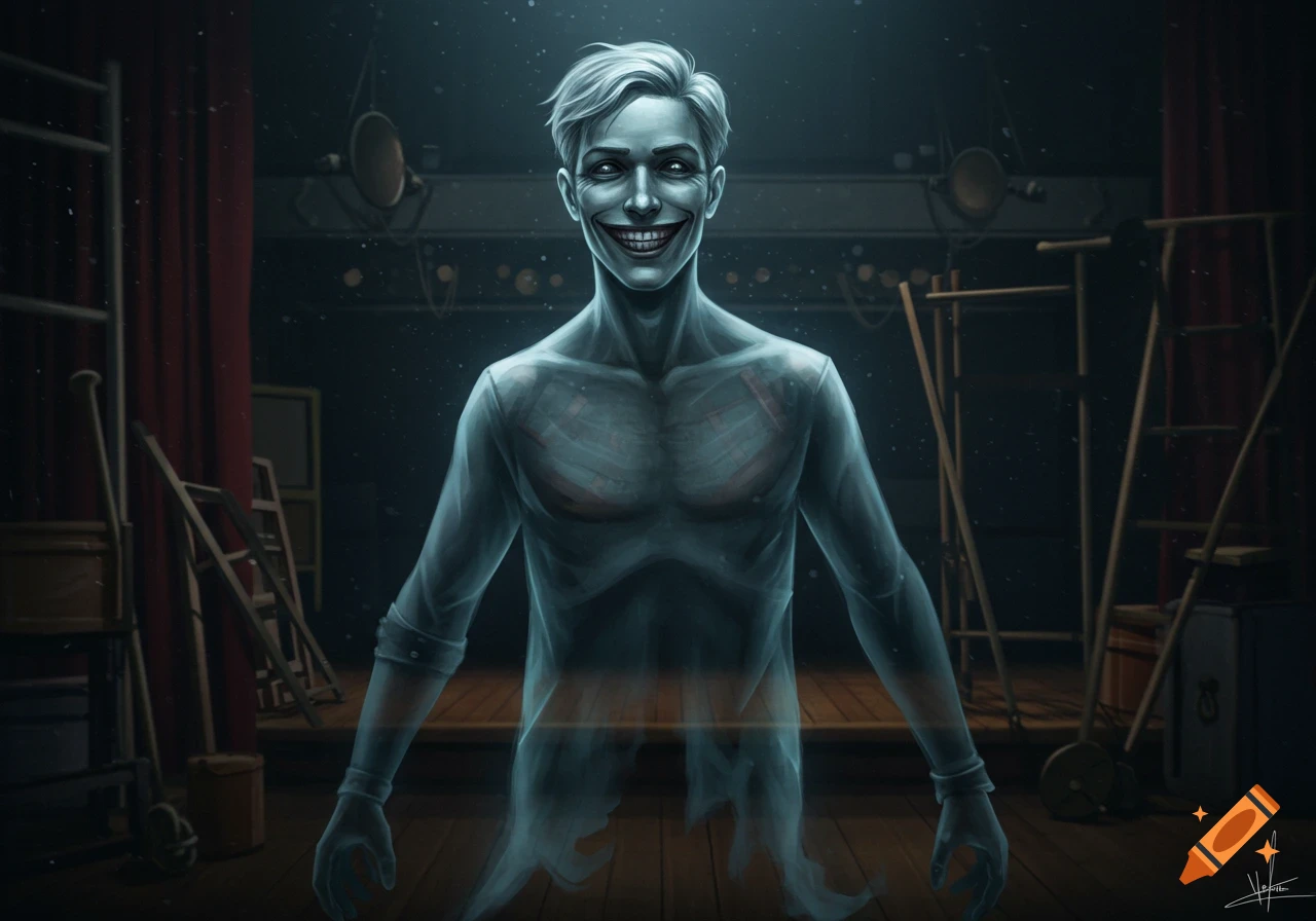 A ghostly, transparent figure with a creepy smile stands in a drama studio.