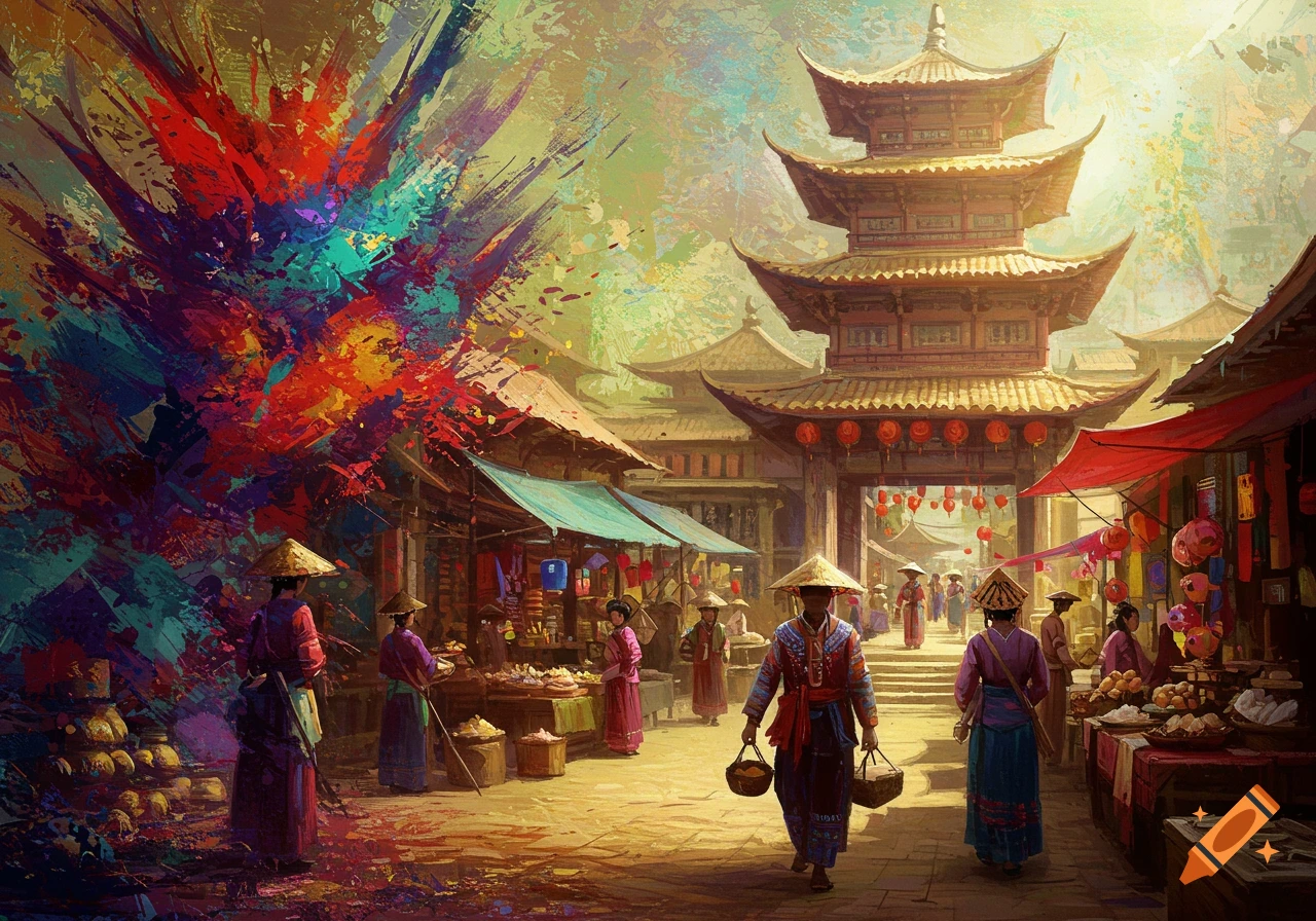 Painting of a bustling Asian market with traditional architecture and abstract color splash