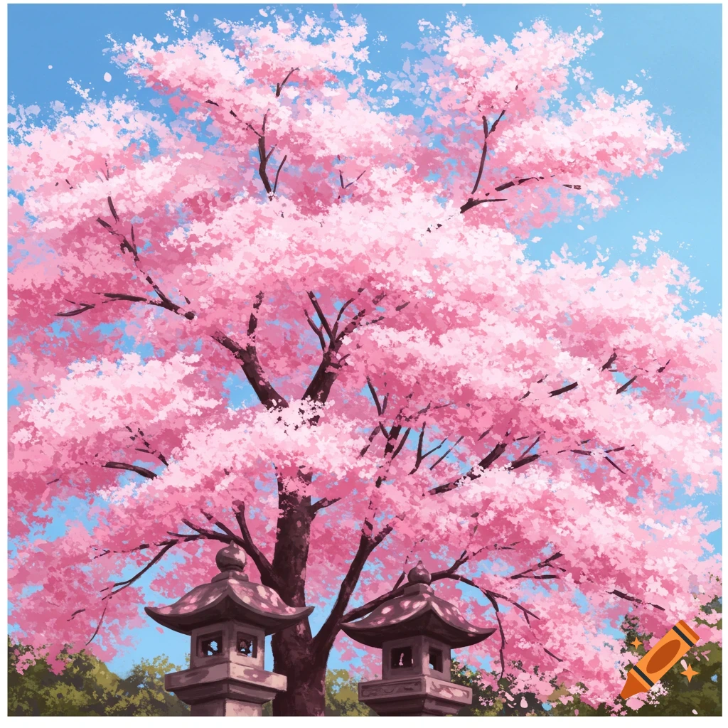 A large pink cherry blossom tree towers over stone lanterns in a garden.