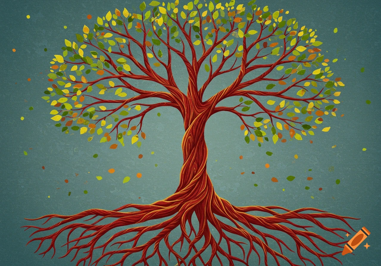 A stylized illustration of a tree with red trunk and roots, vibrant green and yellow leaves, and falling autumn leaves against a textured blue background.