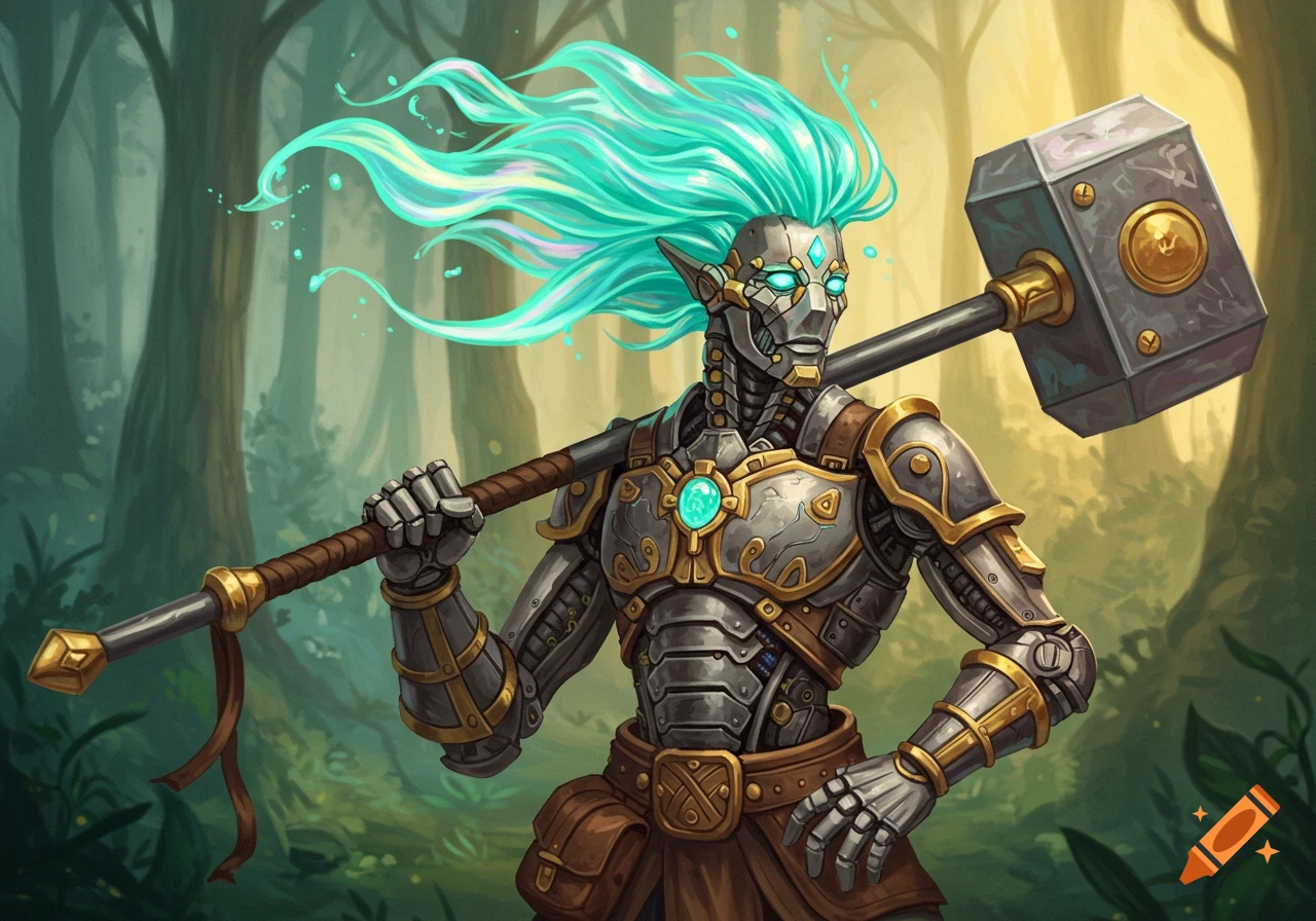 Fantasy art of a warforged character with glowing teal hair and eyes, wearing metal armor, holding a large hammer in a forest.