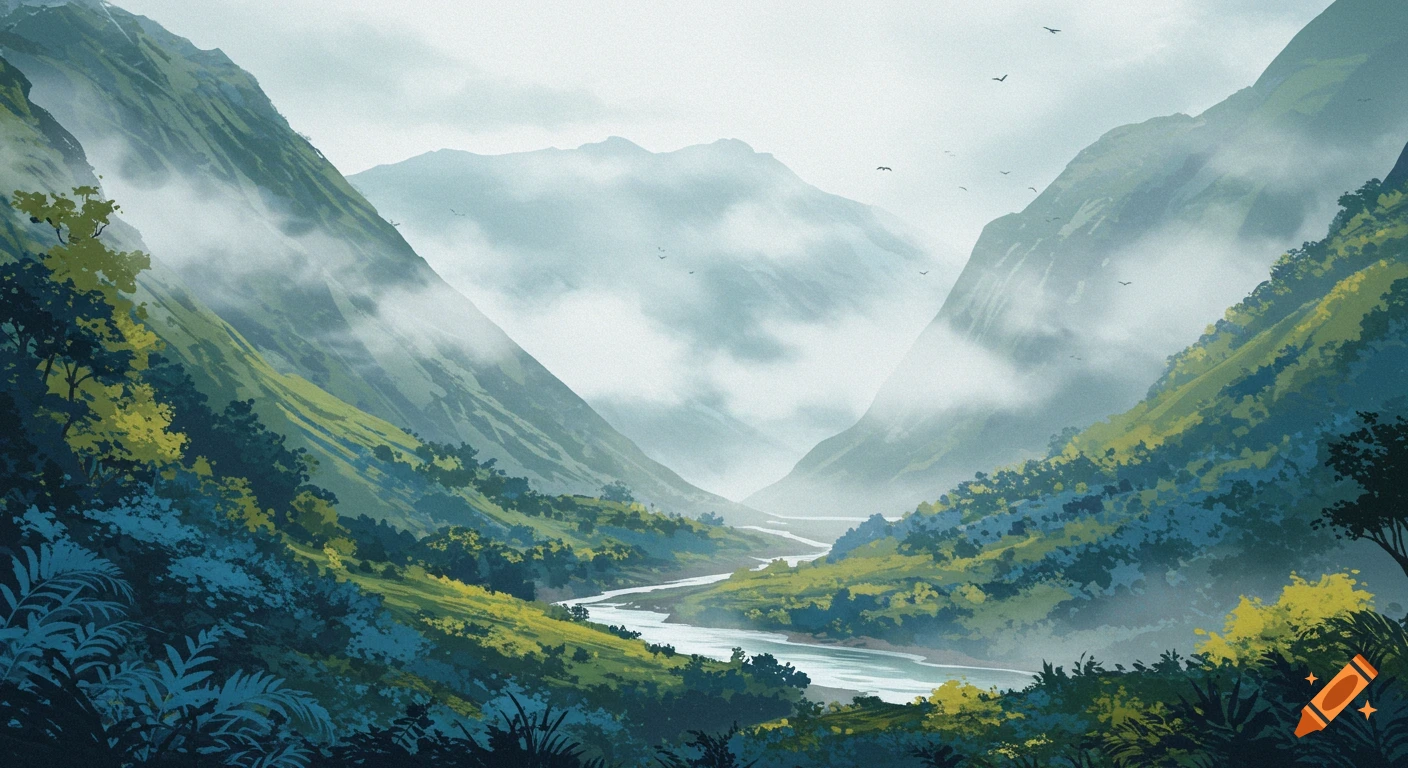 Misty mountain valley with a river winding through green and blue ...