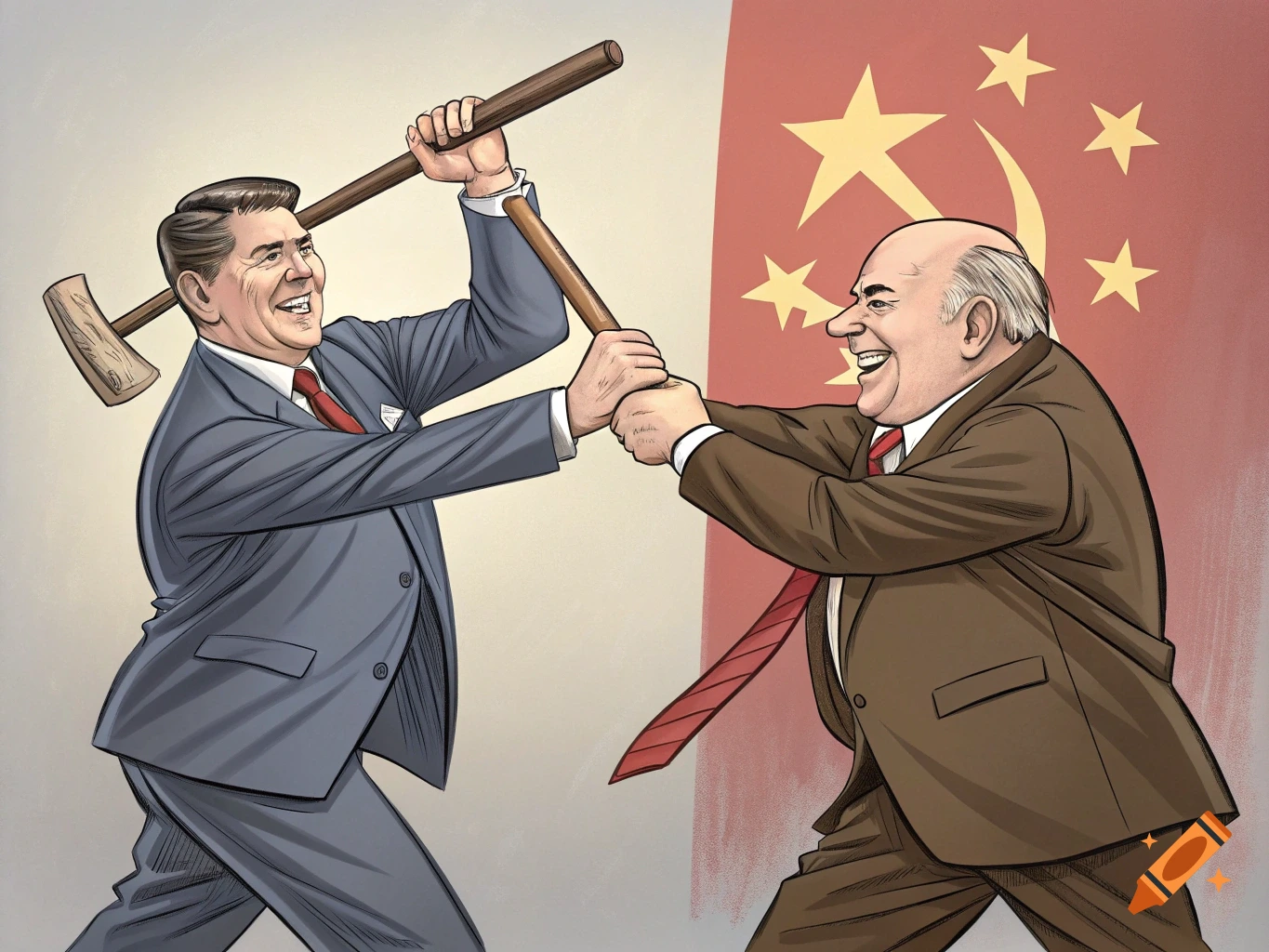 Political cartoon of Ronald Reagan and Mikhail Gorbachev grappling with a mallet and club in front of a Soviet flag