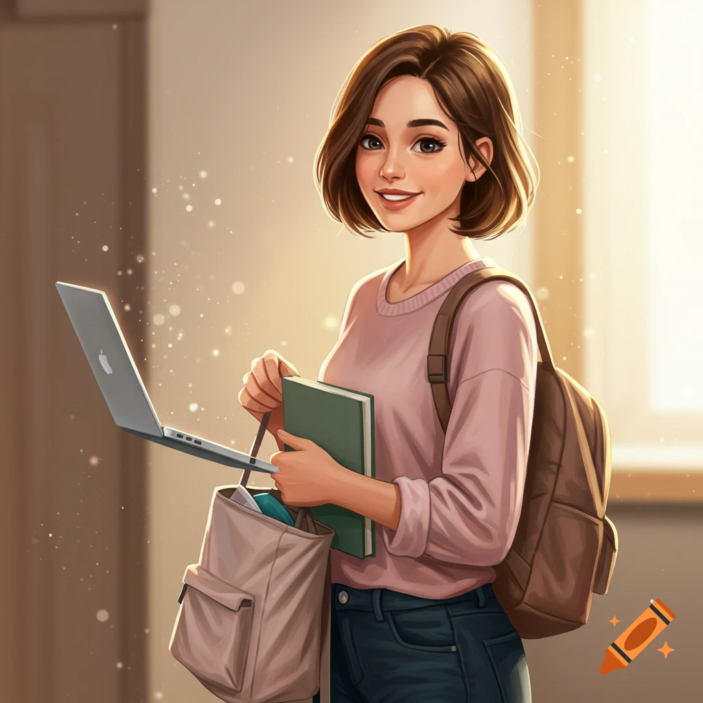 Illustrated young woman with short hair carrying a laptop and books, smiling.