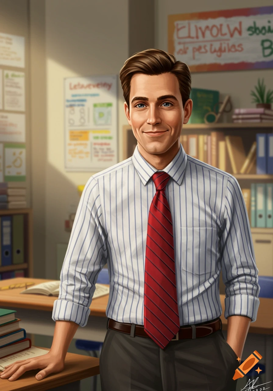 A smiling male teacher in a striped shirt and red tie stands in a classroom.