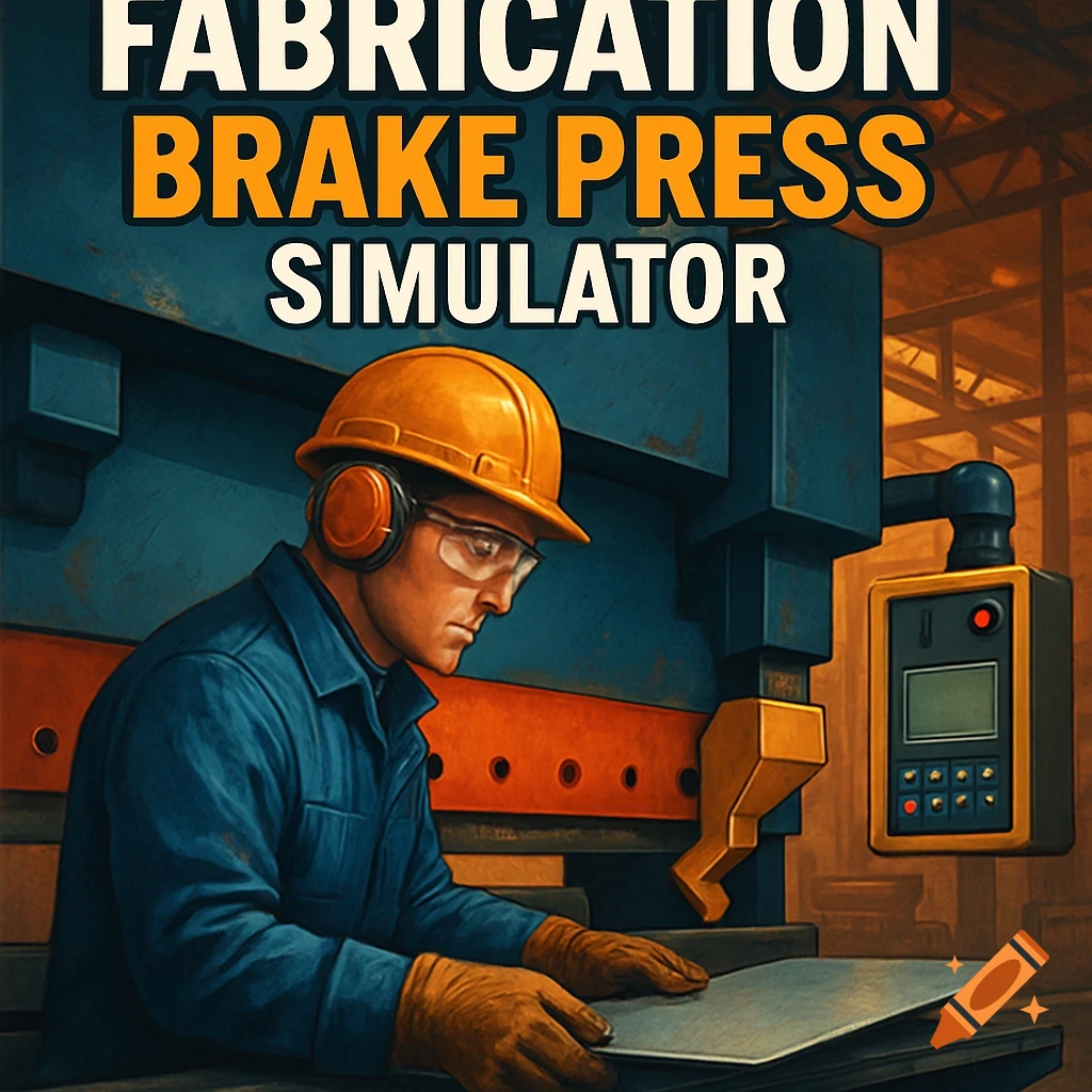 Illustration of a worker operating a brake press machine in a factory. Text reads FABRICATION BRAKE PRESS SIMULATOR.