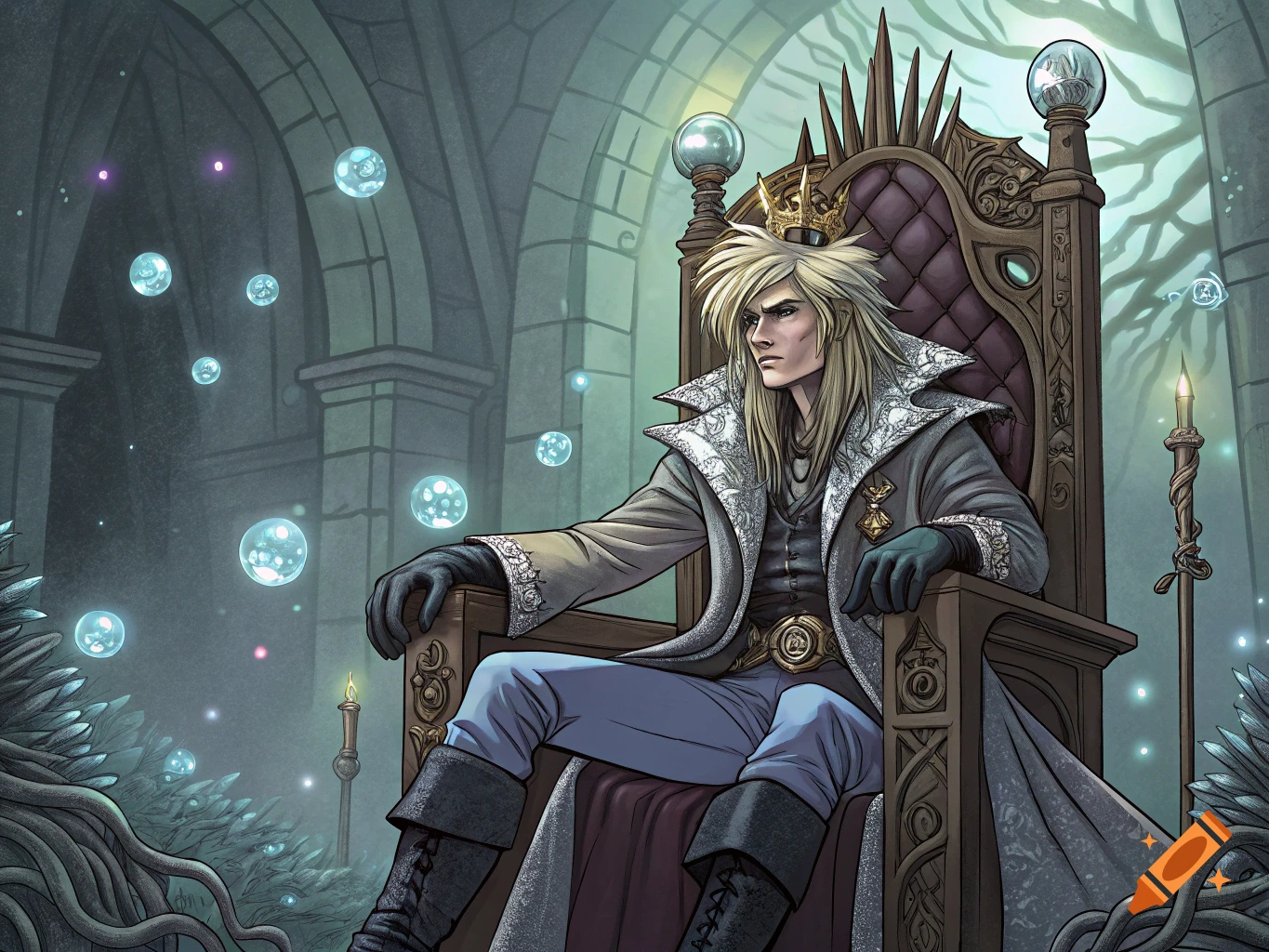 A man in a regal outfit and crown sits on an ornate throne in a fantasy hall with floating bubbles, comic art style.
