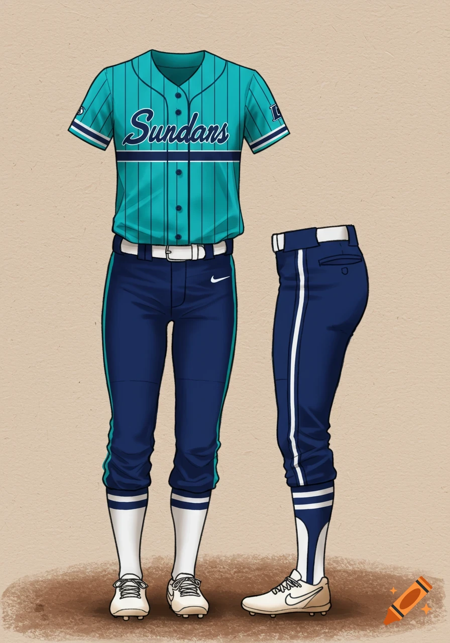 A teal and navy blue striped softball uniform with white socks, belt, and cleats.