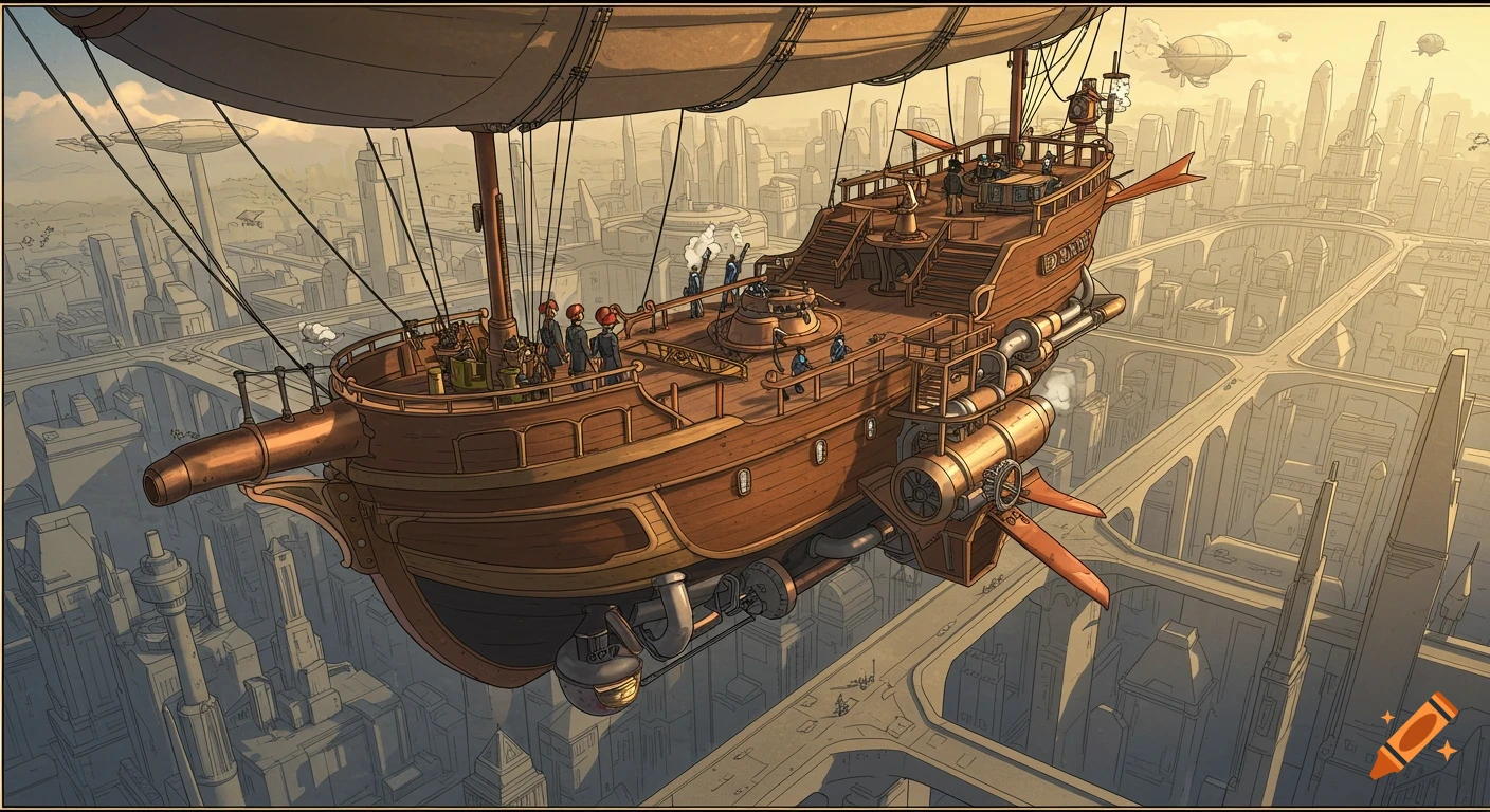 A large steampunk airship with sails and turbines flies over a sprawling futuristic city of tall buildings and elevated roadways, in illustration style.