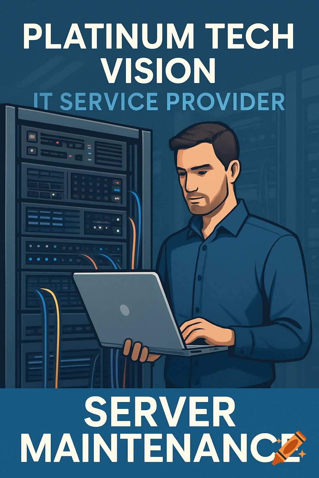 Illustration of a man with a laptop in front of server racks, with text overlay about IT services and server maintenance.