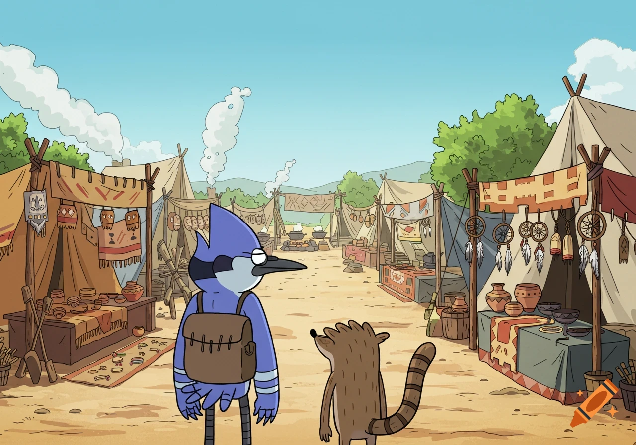 Mordecai and Rigby's backs face a busy outdoor market with tents and stalls in an animated style.