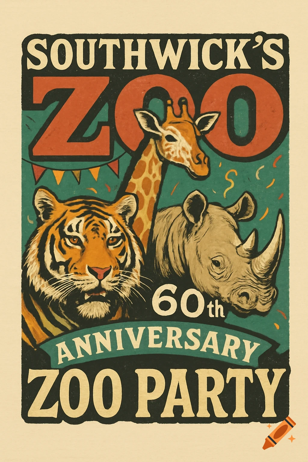 Vintage zoo anniversary poster with a tiger, giraffe, and rhino.