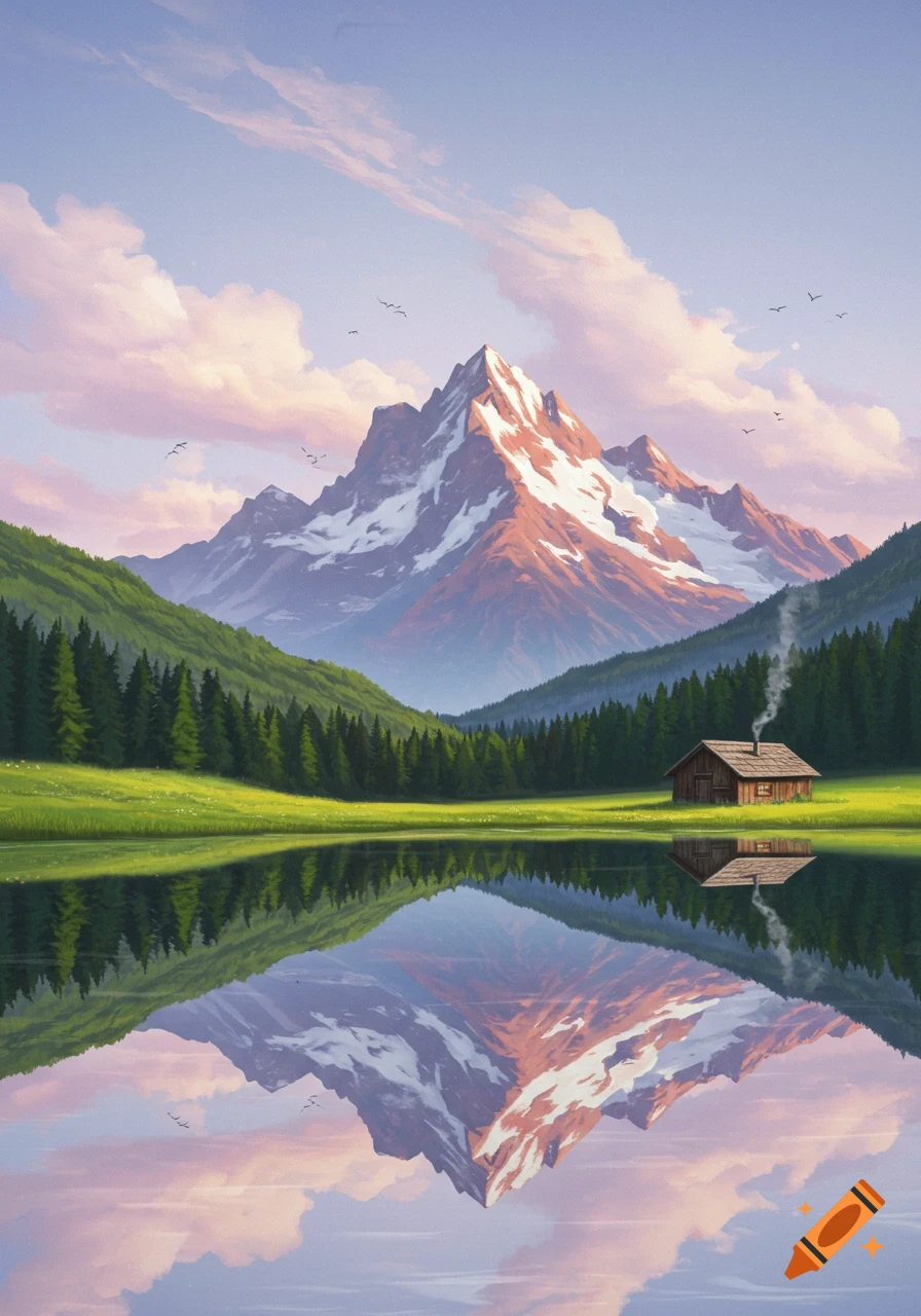 A mountain landscape with a lake reflecting the peaks, clouds, and a cozy cabin emitting smoke.