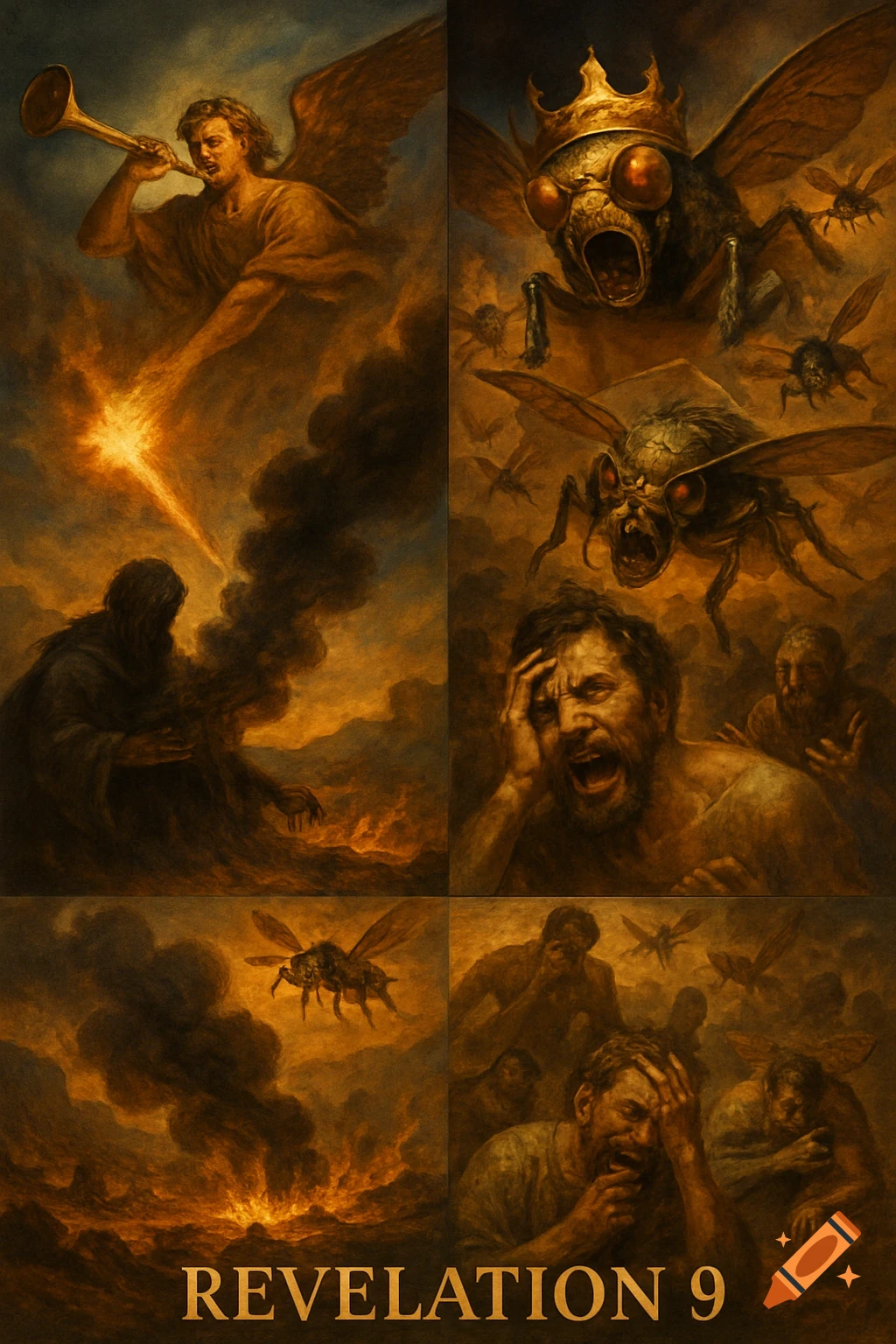 Painting collage of Revelation 9: Angel with trumpet, giant insects, tormented people. Text reads 'REVELATION 9'.