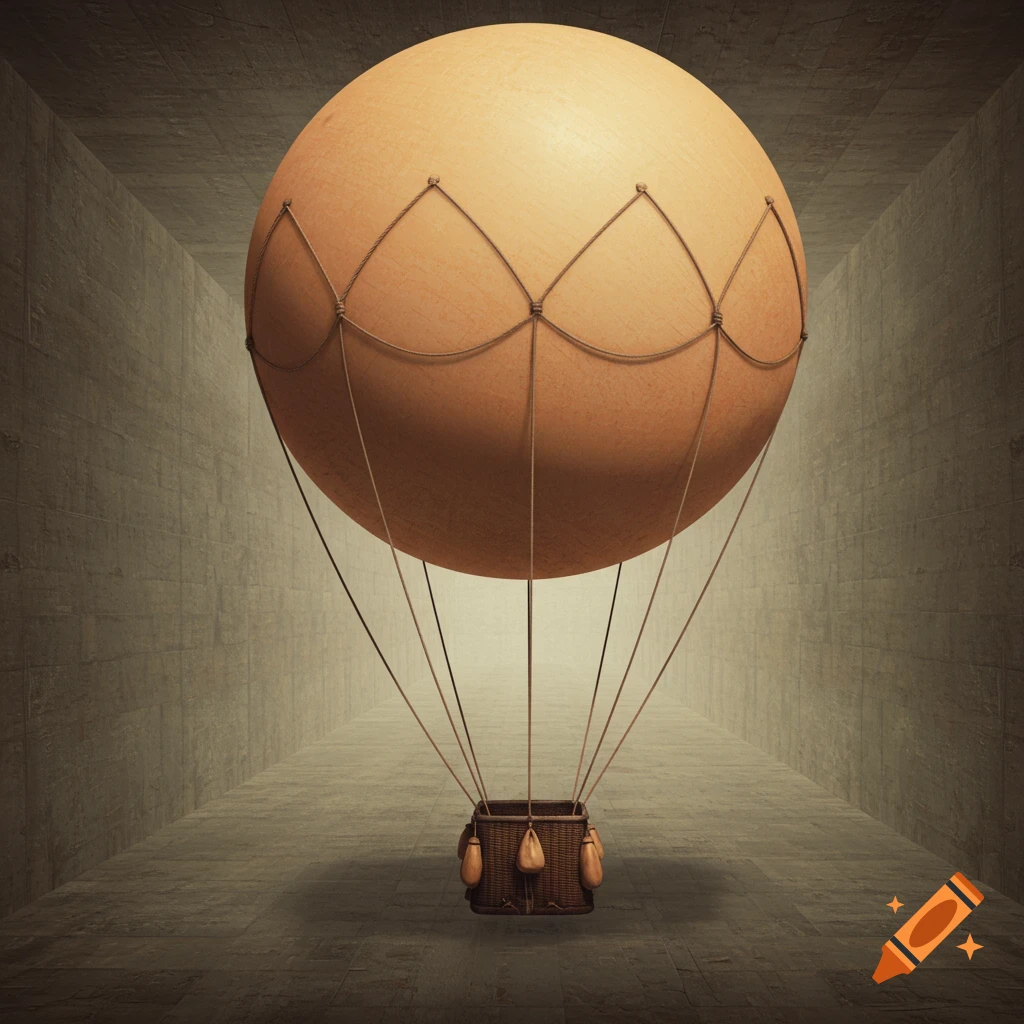 A hot air balloon hangs in a long concrete hallway.