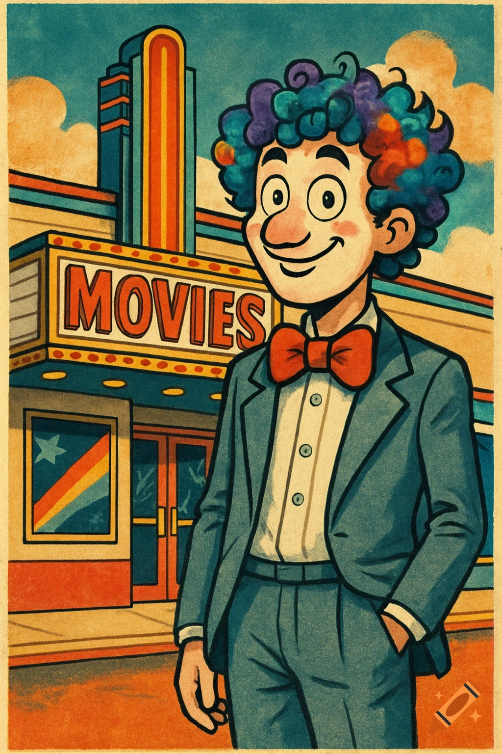 Retro movie poster of a cartoon character in a suit and bow tie standing in front of a theater marquee.