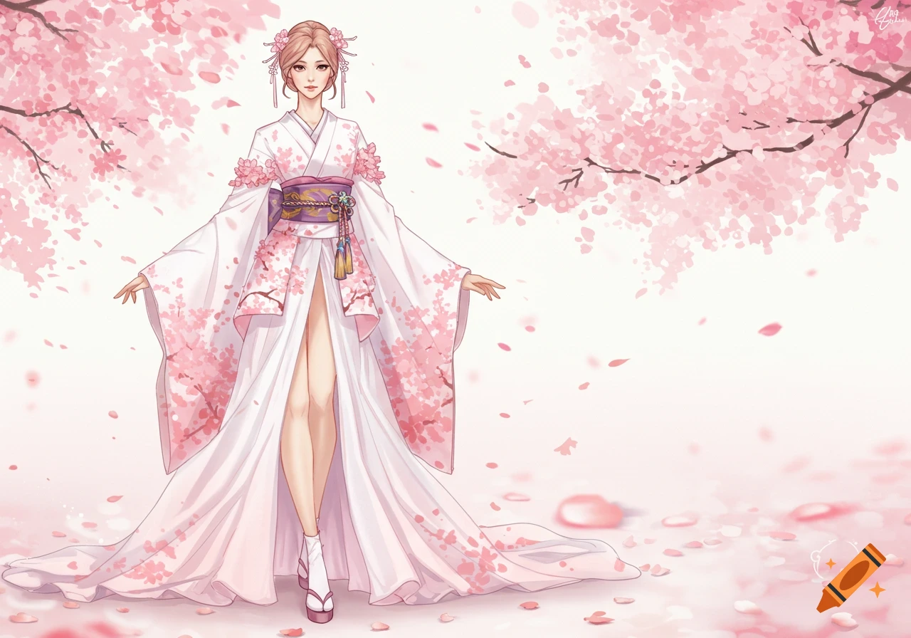 Anime illustration of a woman in a white and pink cherry blossom kimono standing among petals.