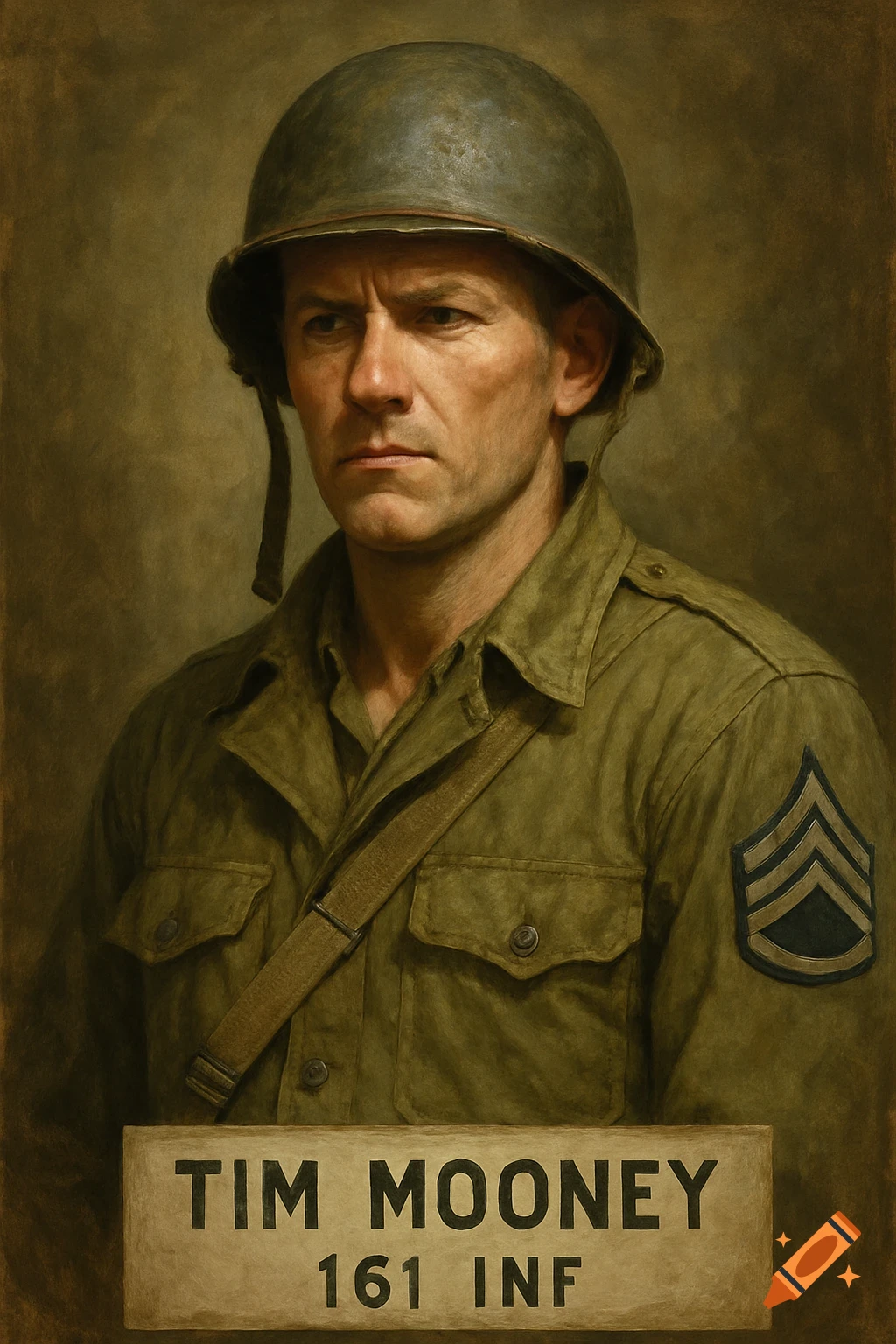 Painting of a soldier wearing a helmet and uniform, with a sign reading 'TIM MOONEY 161 INF'.