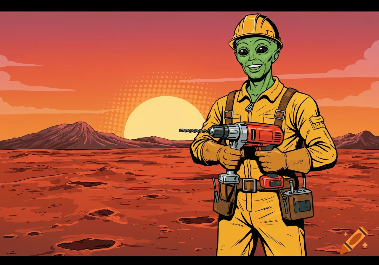 Pop art green alien handyman on Mars holding a drill.