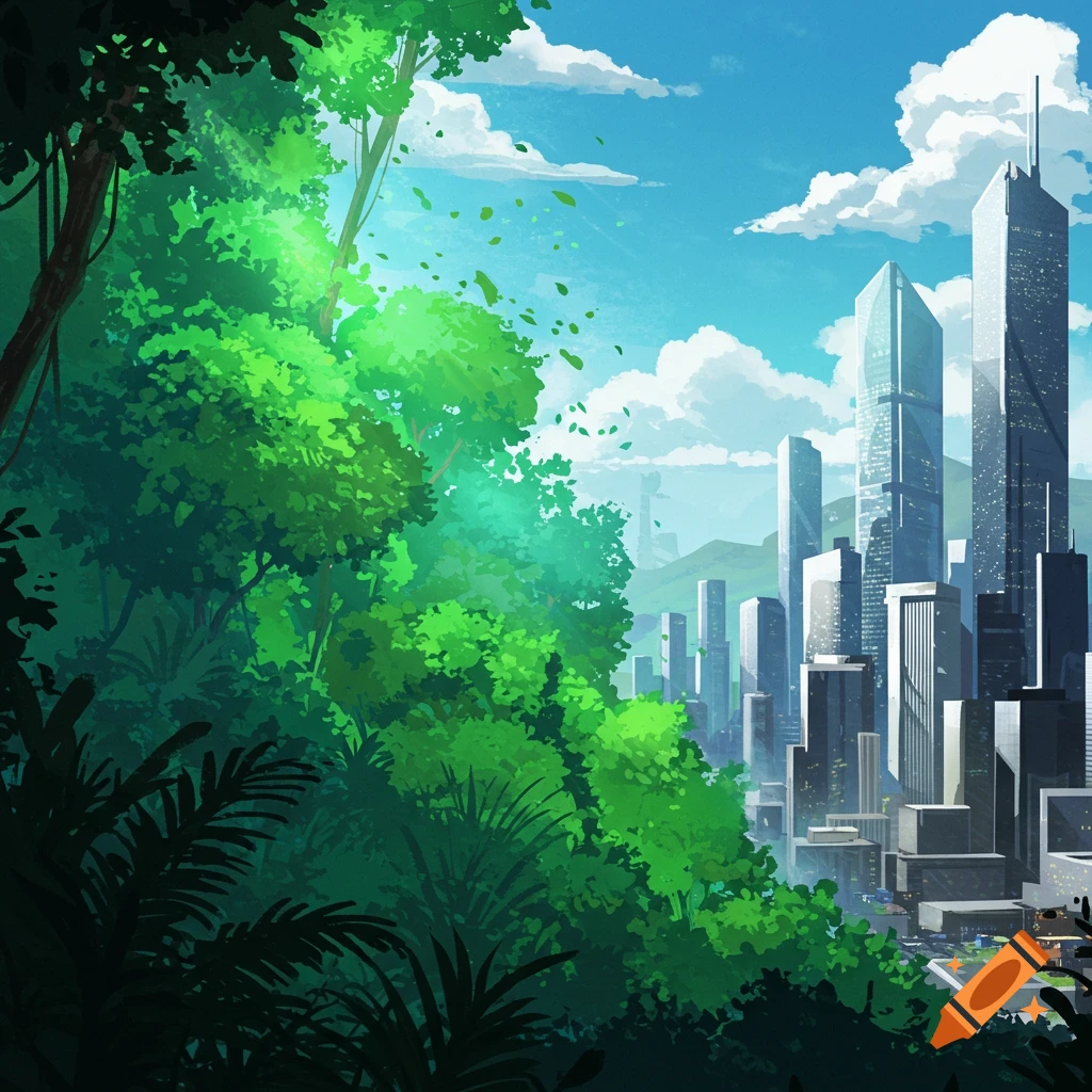 Lush green forest contrasting with a modern city skyline under a cloudy ...